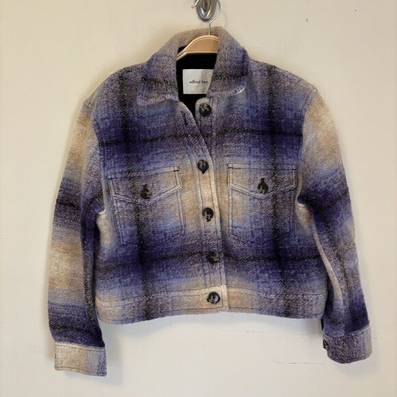 Wilfred Free ARITZIA Autumn Shirt Jacket Shacket Cropped Purple Plaid XS‎ Preppy - Picture 1 of 8